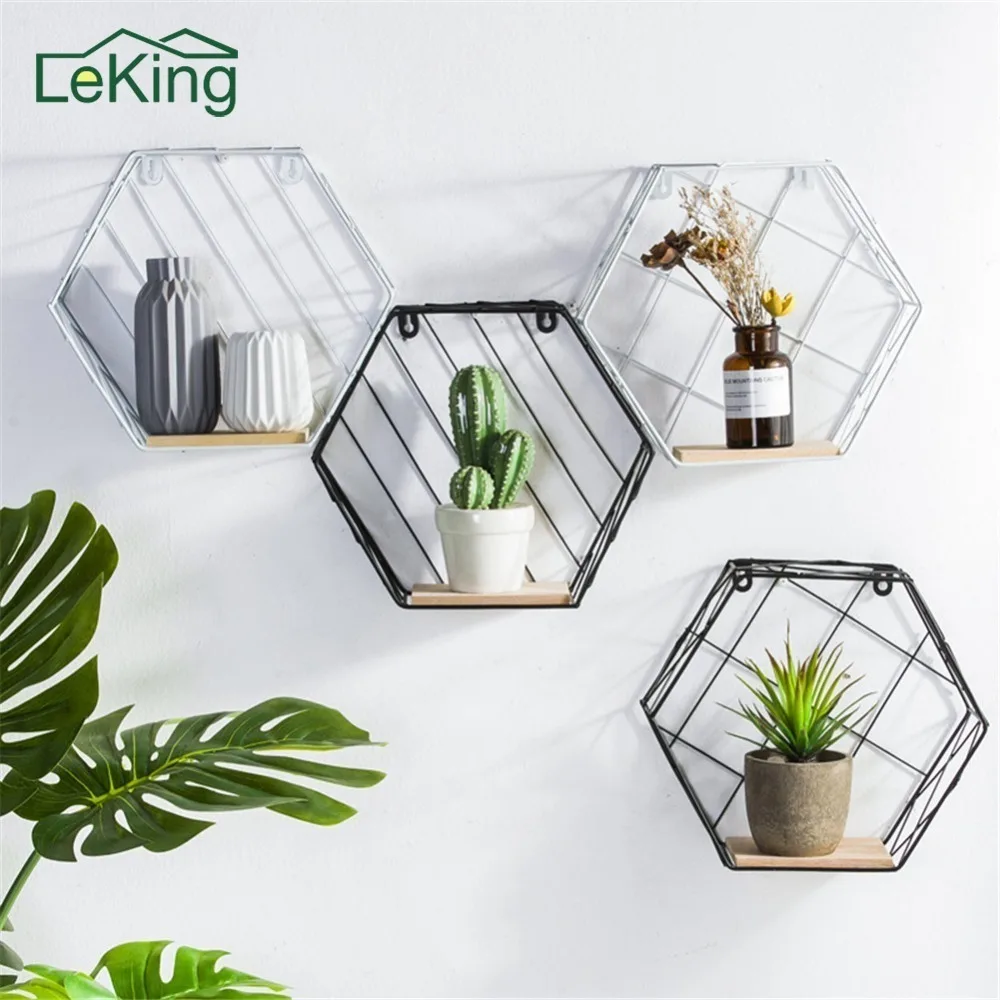 Hemp Rope Partition Innovative Wall Hanging Shelf Organizer Hexagonal Iron Shelf Decoration Bathroom Home Shelf Etagere