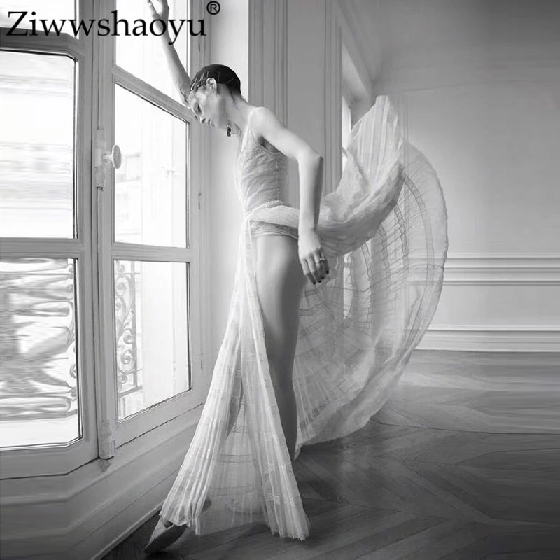 

Ziwwshaoyu Elegant Mesh Long dresses V-Neck Spaghetti Strap Striped temperament Party dress Summer new women's