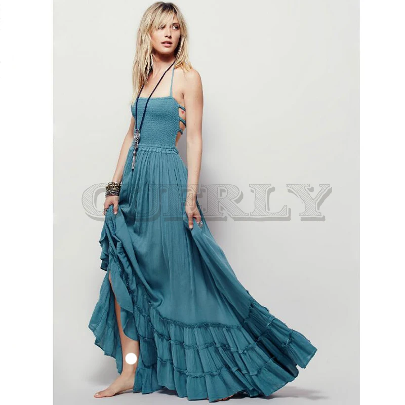 

CUERLY Summer Crinkly Strapless Extratropical Maxi Dress Halter Neck Tie Beach Dresses Raw Seam Hem With Low Strappy Back