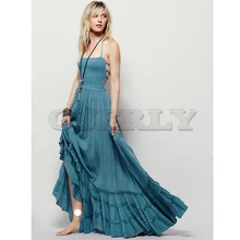 CUERLY Summer Crinkly Strapless Extratropical Maxi Dress Halter Neck Tie Beach Dresses Raw Seam Hem With Low Strappy Back halter neck overlap high low hem dress
