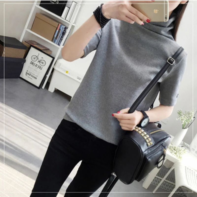 womens top Gauze Short sleeve Turleneck t shirt all match tee black gray white t shirt women bts Tops