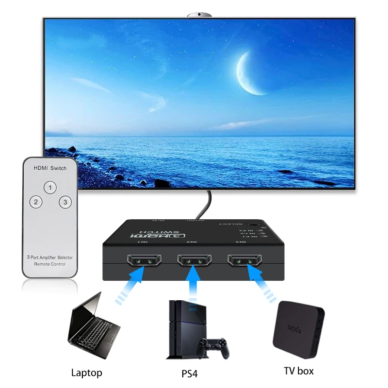 3x1 مقسم الوصلات البينية متعددة الوسائط وعالية الوضوح (HDMI) 3 ميناء Hub مربع السيارات التبديل 3 في 1 خارج الجلاد 1080 p HD 1.4 مع التحكم عن بعد ل HDTV XBOX360 PS3 ...