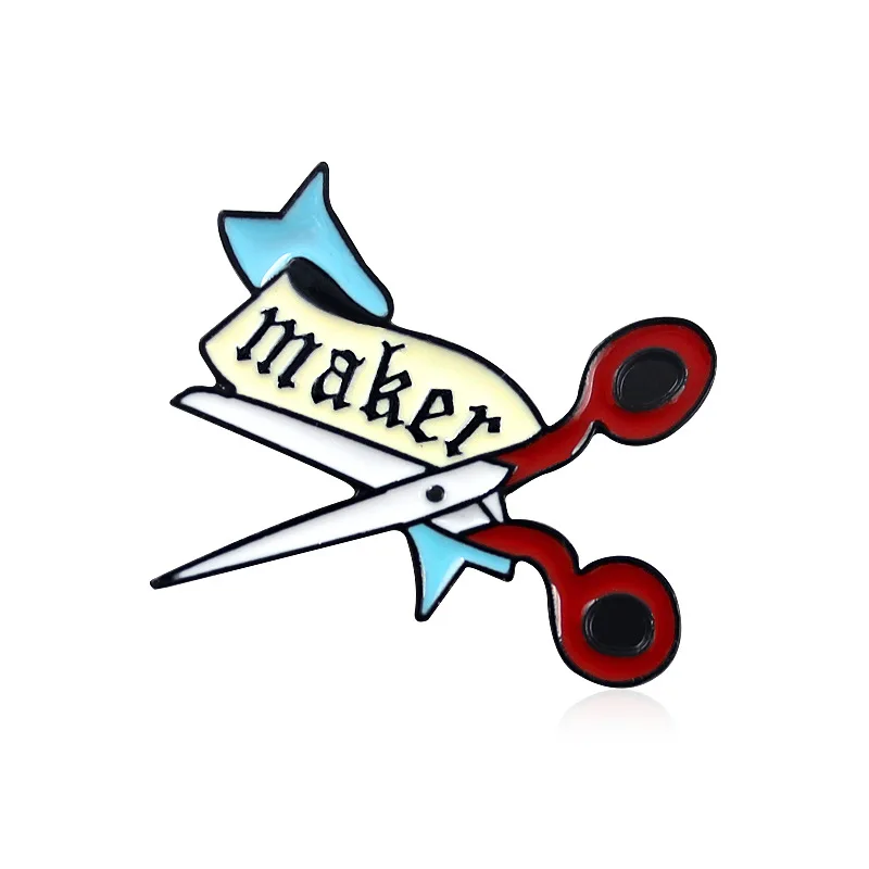 

Red MAKER Scissors Brooch Blue Ribbon Button Enamel Scissors Pins Lapel Brooches Backpack Hat Badge Mother Hard Worker Jewelry G