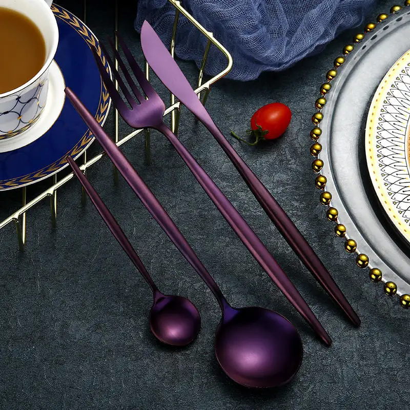 KuBac 24 шт. набор фиолетовых столовых приборов топ из нержавеющей стали нож для стейка вилка синие столовые приборы набор посуды Черный Золотой Серебряный Прямая - Цвет: Purple