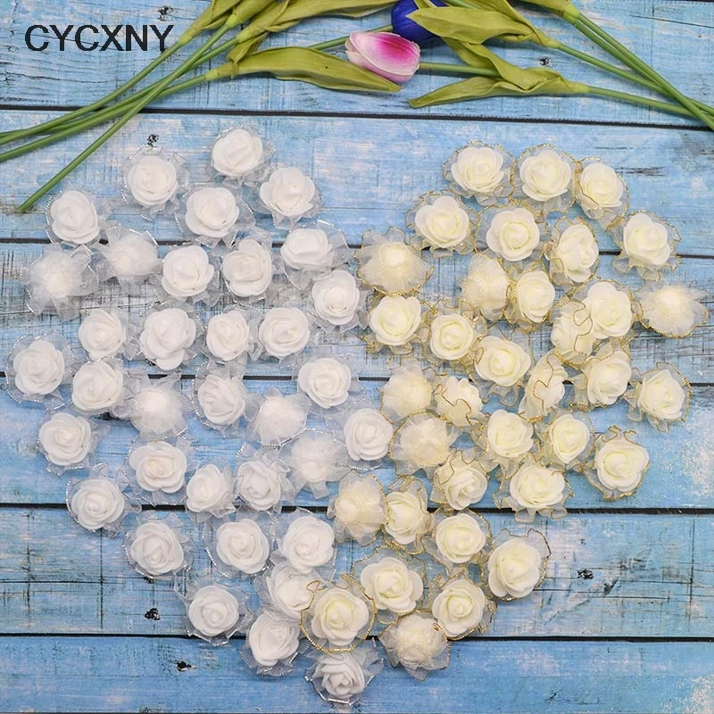 50pcs 4cm Gold Lace White Roses Artificial Rose Flowers DIY Scrapbooking Craft Gift Accessories Wreath Home Wedding Decor - Image 4