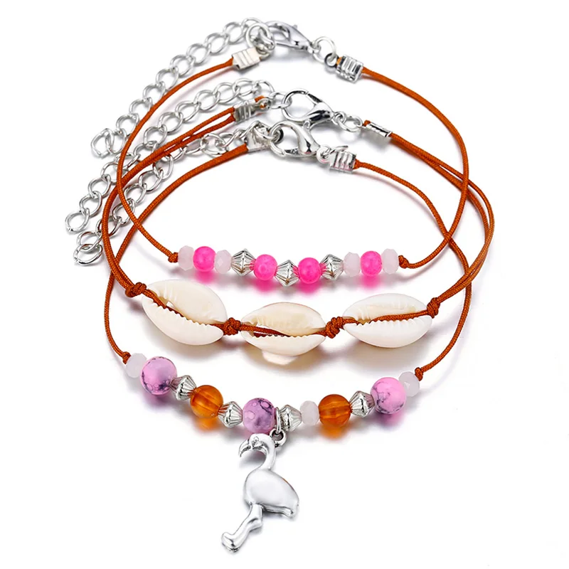 12 Pieces/Lot Anklets Beads Ankle Bracelets Set Women Shell Multi Layers Rope Chain Silver Color Flamingo Charm Beach Jewelry | Украшения и