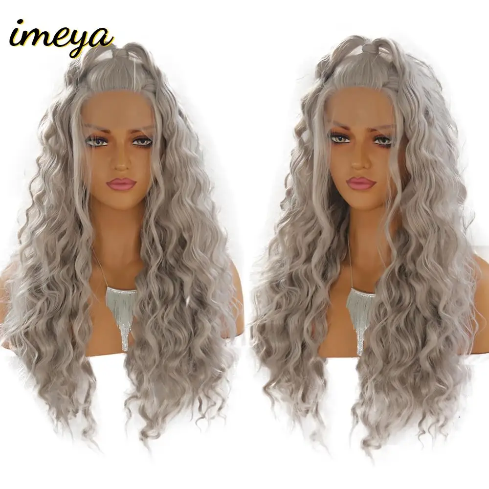 Imeya Long Grey Color Lace Front Wigs Wave Synthetic With Baby Hair High Temperature Heat Resistant Half Hand Tied For Women