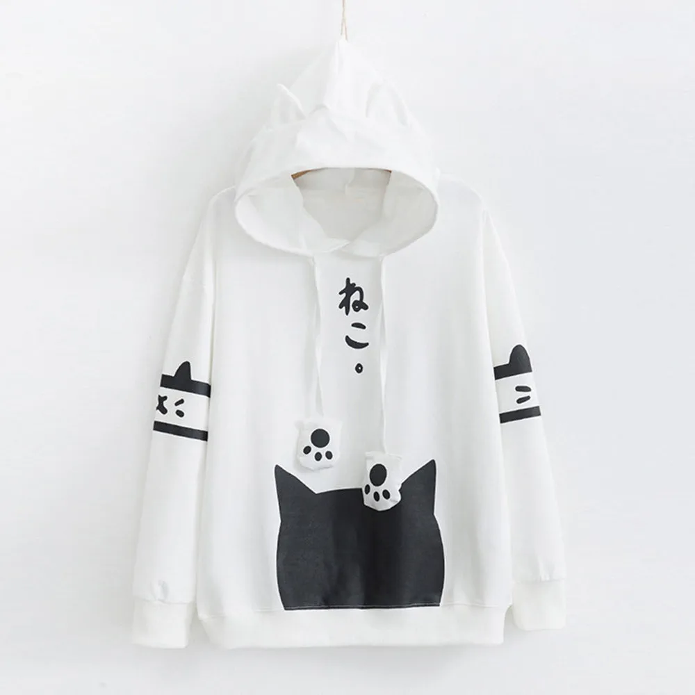 Толстовка с кошачьими ушками sudadera kawaii женский зимний теплый белый свитшот