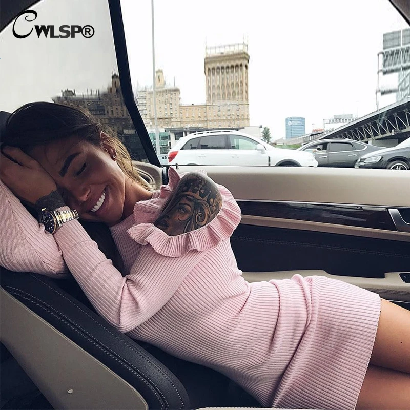 

CWLSP Knitting Pullover Women Dresses Sexy Hollow Out Lettuce Edge Sleeve Mini dress nightclub vestidos para senhoras QL3276