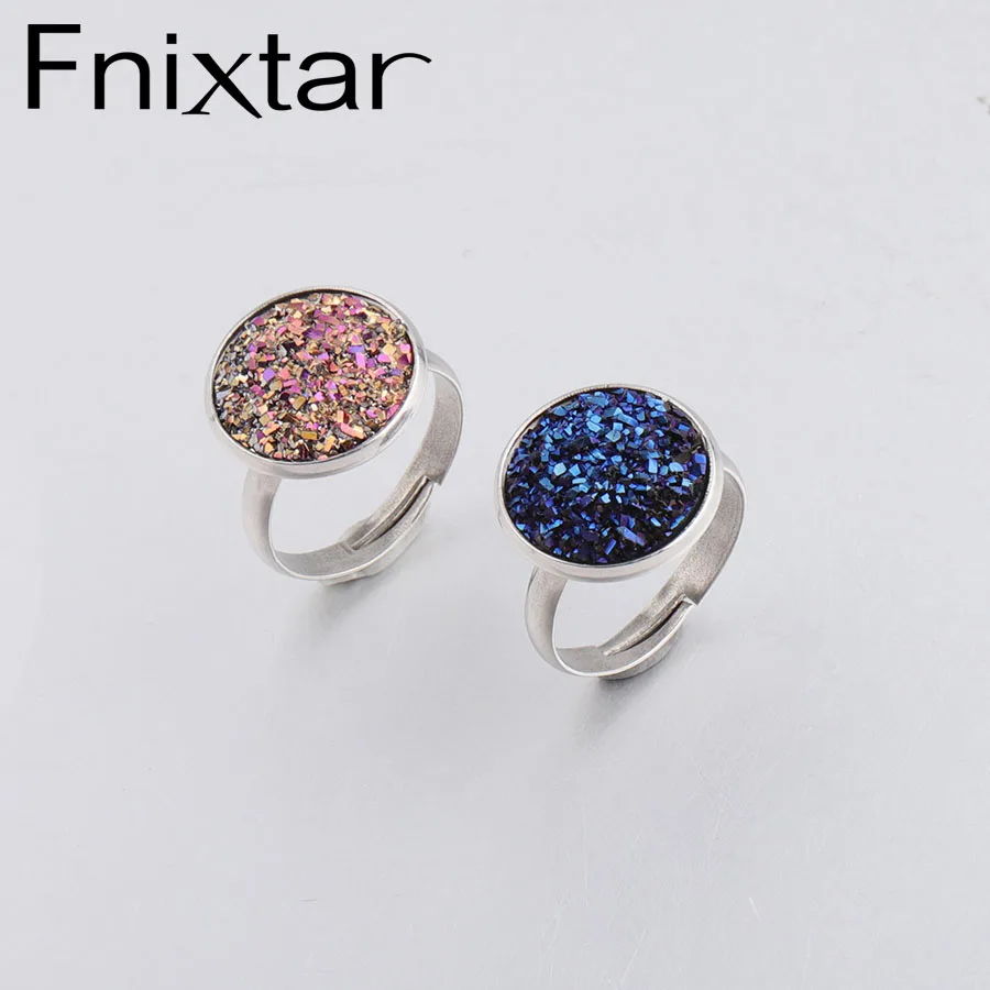 

Fnixtar Adjustable Stainless Steel 14mm Round Faux Drusy Stone Rings For Women Men Gift Jewelry Ring 10 Piece/lot