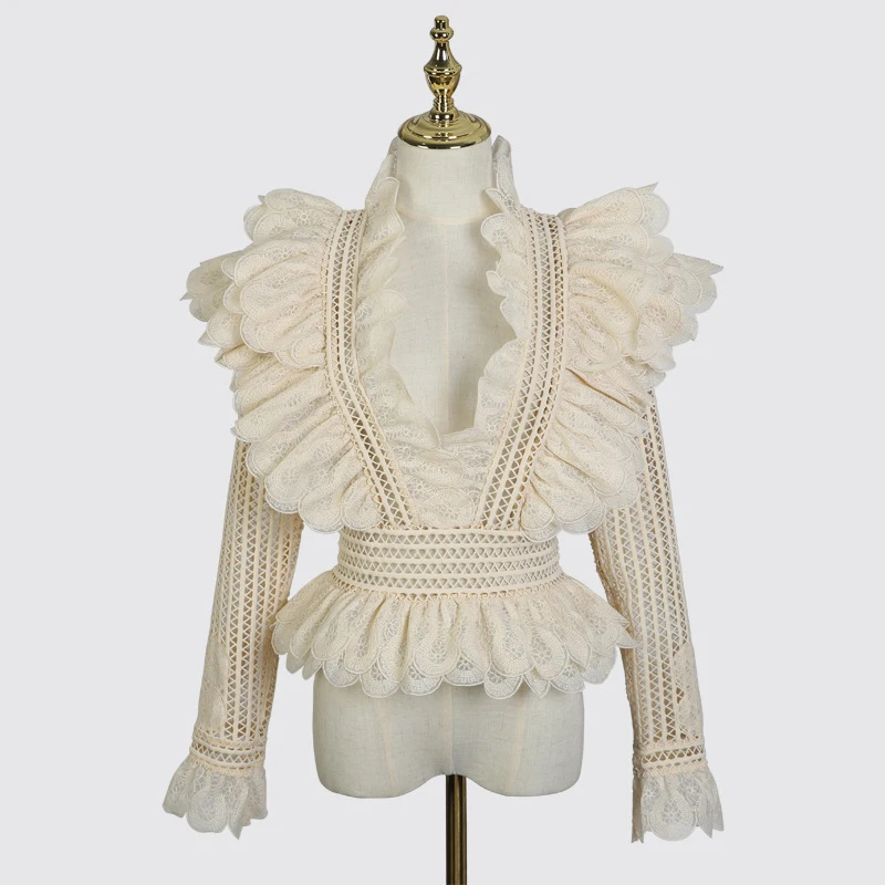 Luxury Brand Hollow Out Ruffles Woman Shirt 2018 Autumn New Arrival Long Sleeve Deep V-Neck Sexy Elegant Female Blouse Tops |