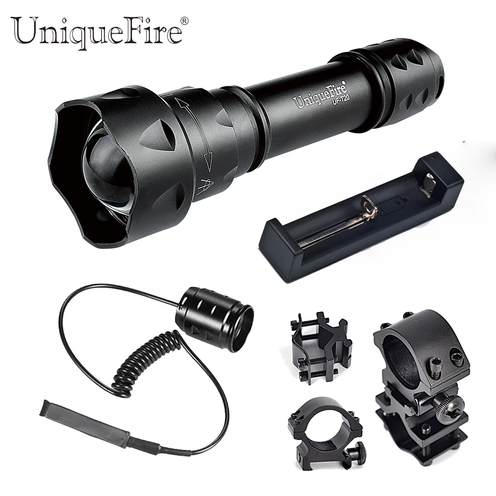 

UniqueFire Portable Mini LED Flashlight T20-XPE Zoom 3 Modes White Light Lampe Kit: 1 Torch, 1Scope Mount, 1 Charger, 1 Rat Tail
