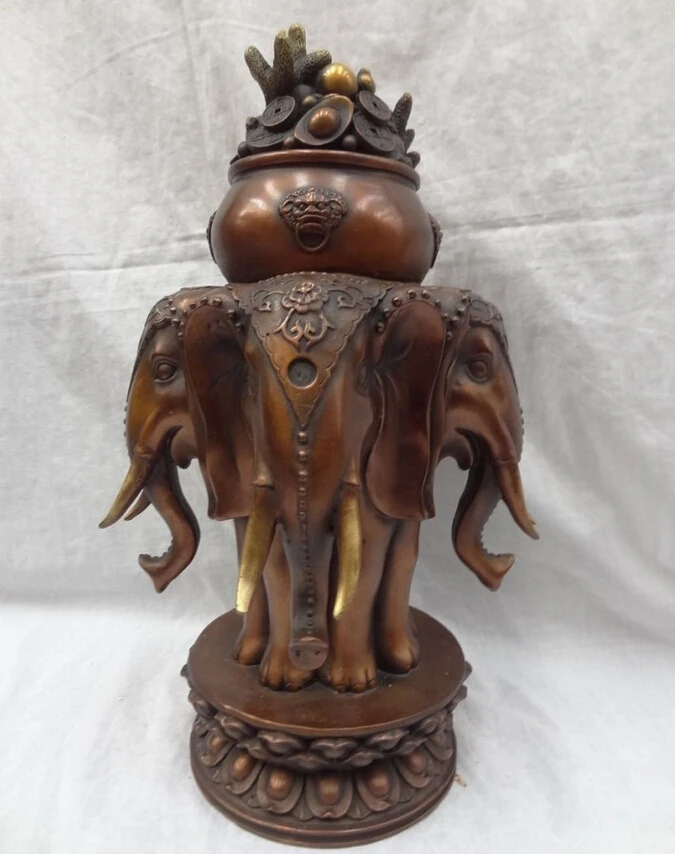 

S5238 14" China Pure Bronze YuanBao Wealth Treasure Bowl On Elephant Head Lotus Statue D0318