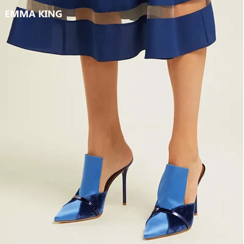 

Solid Women Slingback Mules High Heel Slippers Pointed Toe Stilettos Fashion Sandals Suede Silk Patchwork Design High Heel Shoes