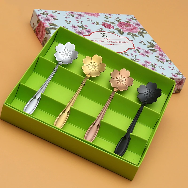 

4pcs Stainless Steel Tea Spoons Set Assorted Colors Sakura Flower Coffee Spoons Mini Ice Cream Spoon Tea Accessories Fancy Gift
