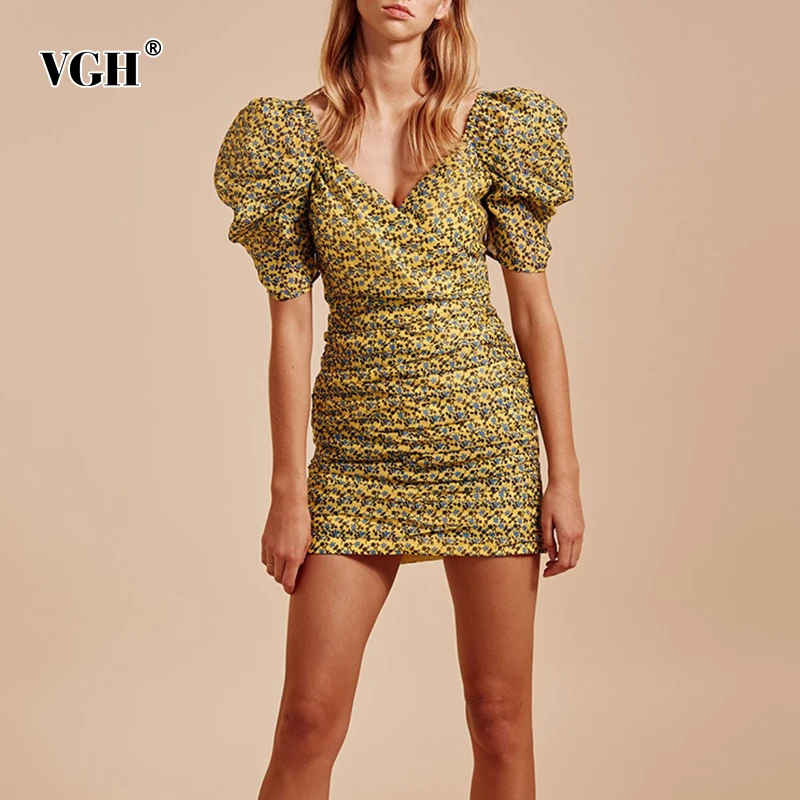 

VGH Korean Floral Dress For Women V Neck Short Puff Sleeve Zipper High Waist Slim A Line Dresses Female Fashion New 2019 Summer