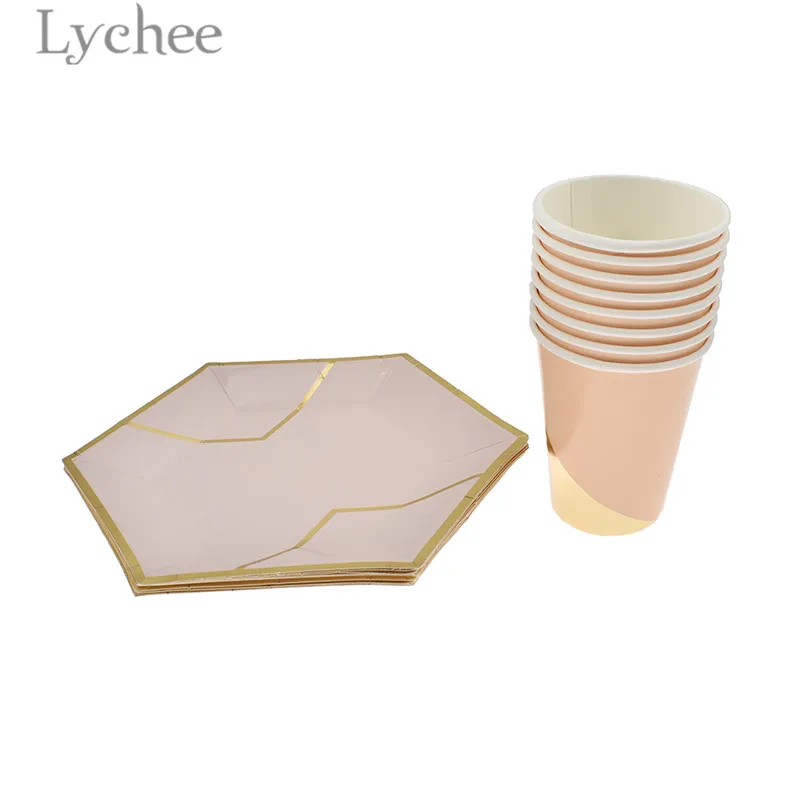 

Lychee Pink Foil Gold Disposable Tableware Paper Plate Cups Napkins Wedding Party Favors Supplies