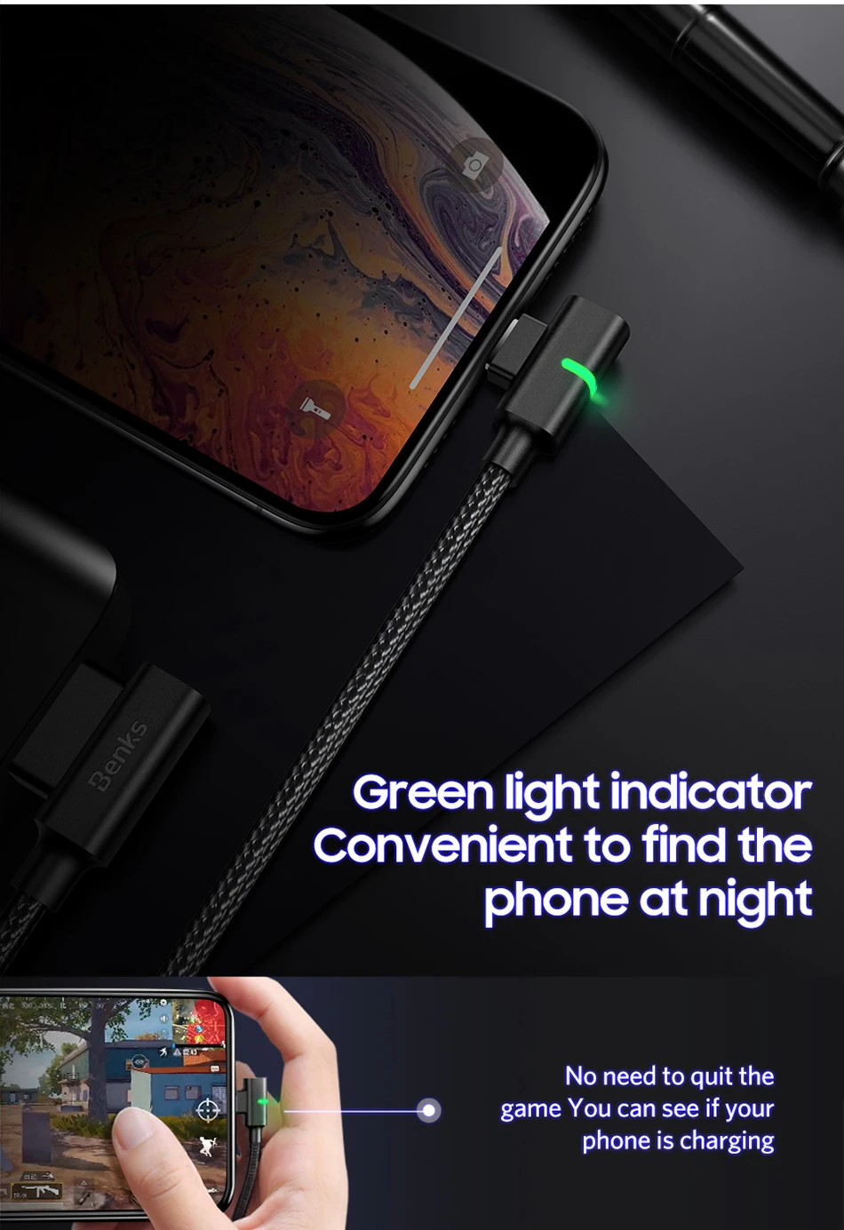 Benks Dual L Shape Lightning Data Cable 8 Pin For iPhone X XS XR 10 8 7 6s 5 Plus Fast Charge USB Charging Cables LED Light 1 (8)