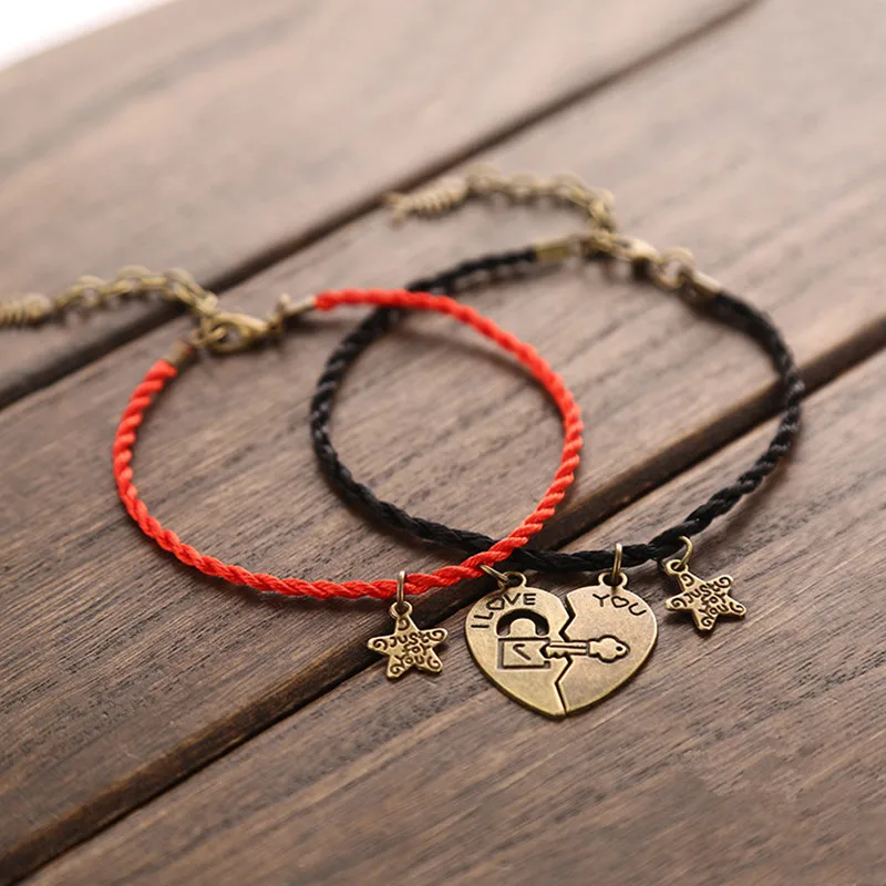 

2 PCS/Set Couple Anklets for women and men Heart-shaped Stitching Charm Anklets Keys and Locks Black Red Rope Chain Lovers Gift