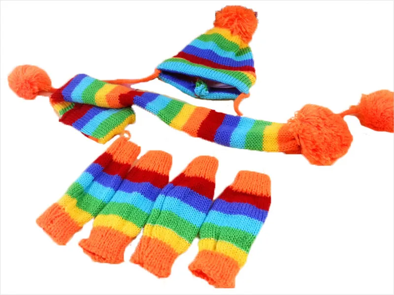 Sqinans 3pcs/set Winter Warm Dog Hat Knitted Scarf Socks Fashion Striped Pet Caps Puppy Neck Scarf Socks Christmas Pet Grooming