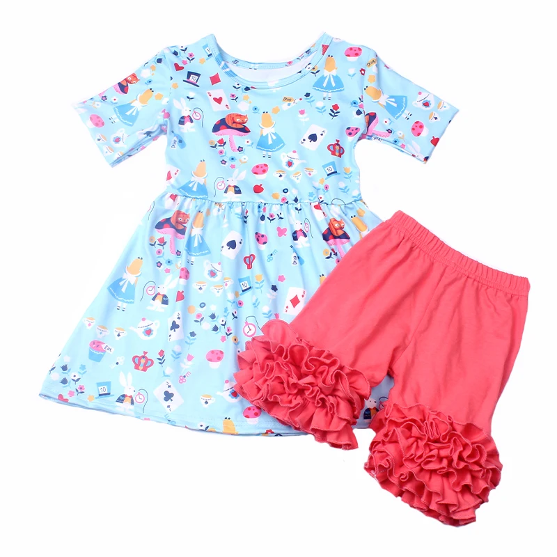 

New Arrivals Baby Girls Clothes Blue Pink Outfits Boutique Princess Pattern Cotton Solid Ruffle Shorts Clothing Set Wholesales