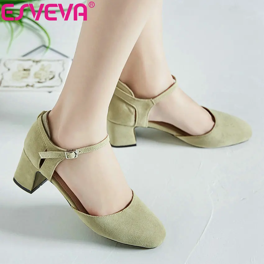 

ESVEVA 2019 Women Pumps Two-piece Elegant Square High Heels Sandals Kid Suede Buckle Sweet Style Ladies Pumps Shoes Size 34-43