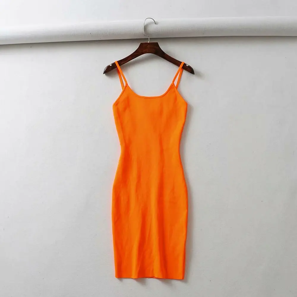 

2019 Summer Fluorescence Stretch Knitting Mini Dress Sexy Club Women Sexy Party Dresses Slim Spaghetti Straps Dress