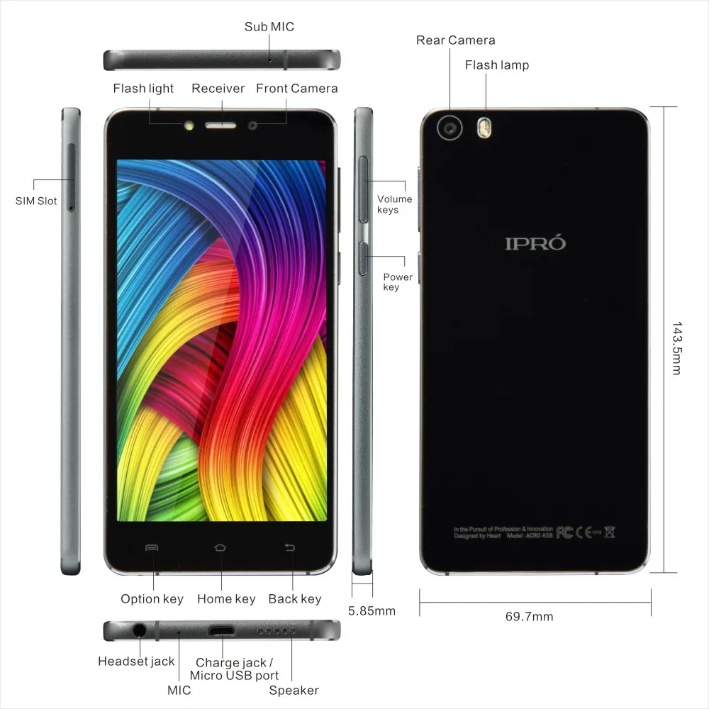 Оригинальный ipro A58 5.0 дюймов сенсорный смартфон Android Quad Core сотовый телефон 2 ГБ 16