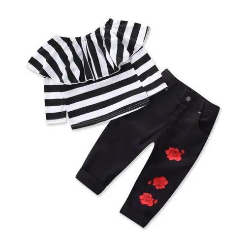 

Toddler Kids Baby Girls Striped Off Shoulder Tops +Rose Flower Pants 2pcs Clothes Outfit Set