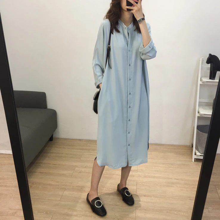 

Daily Apparel Female Long Sleeve Dress 2019 Spring Fashion Casual Korean Stand Neck Solid Simple Midi Chiffon Dress for Women