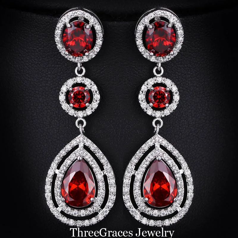 ThreeGraces элегантные Micro Pave AAA+ CZ камень Длинные Большой Королевский синий кристалл свадебные серьги, ювелирные изделия для невест E0113 - Окраска металла: Ruby red