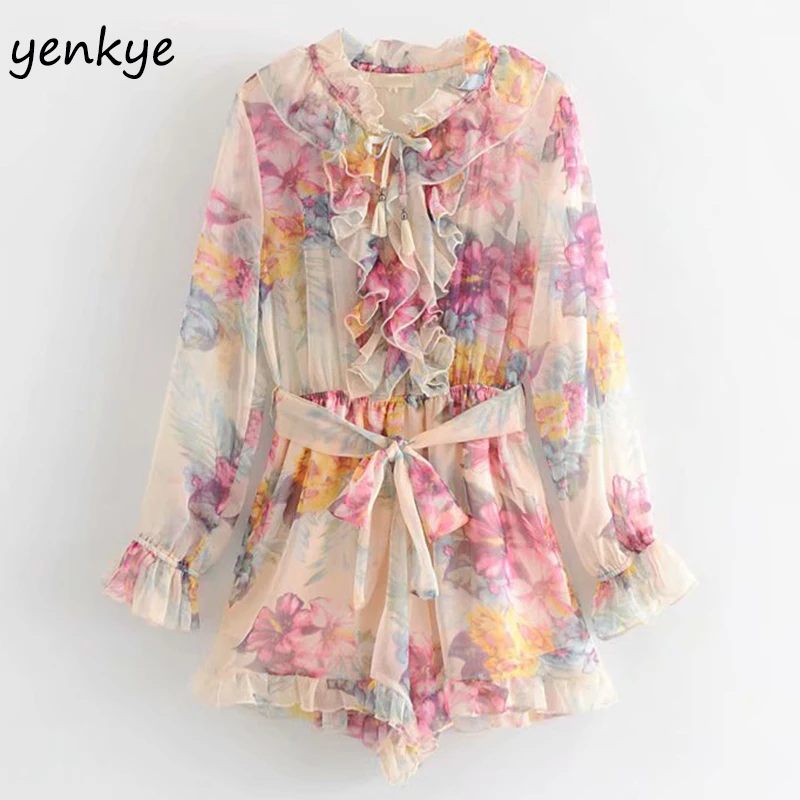 Preise 2019 Boho Blumen Druck Urlaub Sommer strampler frauen overall Spitze Up Stehkragen Langarm Mit Gürtel Rüschen Overall Kurze
