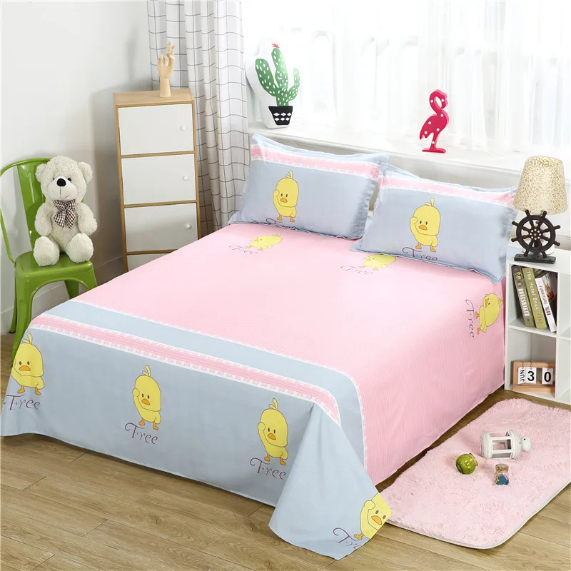 Cartoon Print Bed Linens Flat Bed Sheet Plain Feather Printed For Single/ Double Bed Twin Queen King Size Bedsheets FS01 1 PC