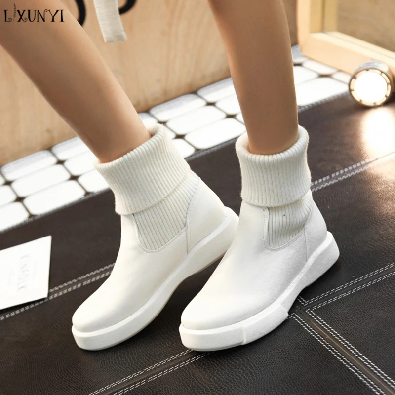 

LXUNYI 2018 Autumn Mid Calf Boots for Women PU Leather Flat with Ladies Boots Slip on Round Toe Casual Boots Plus Size 34-43
