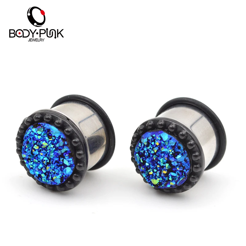BODY PUNK Clear 1 Pair Pink Blue lava Ear Tunnel Earring Stainless