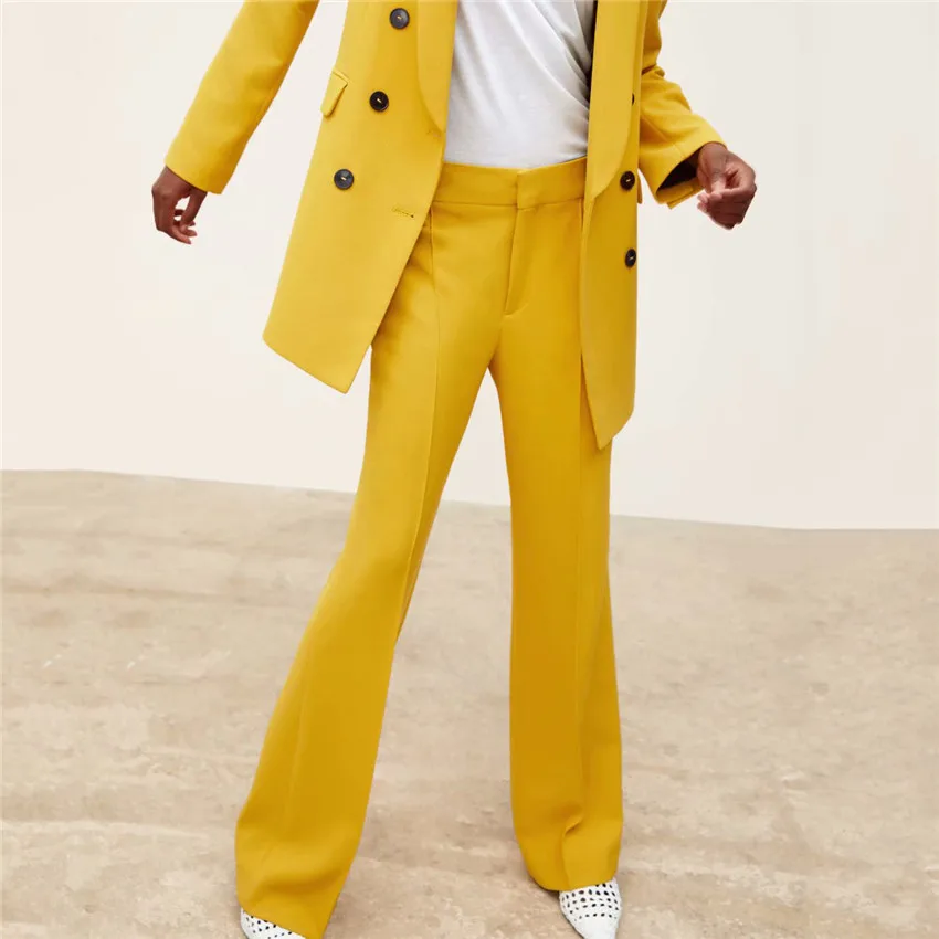 

Women style yellow wide leg pants high waist zipper fly design office wear full length trousers female casual long pantalones