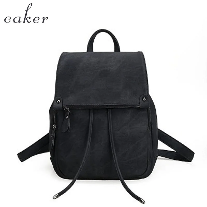 Caker Women Pink PU Leather Large Backpack School Bags Female Drawstring Backpacks For Girl Preppy Style