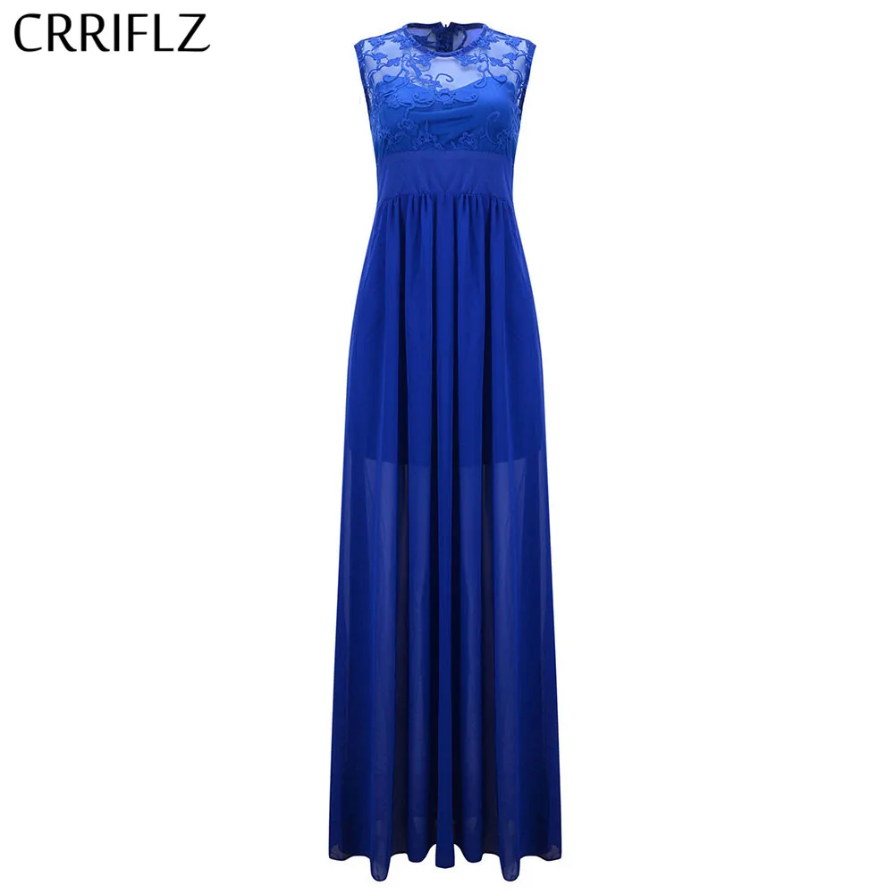 

Women's Solid Empire Lace-paneled Chiffon Back Zipper Sexy Slim Maxi Dress CRRIFLZ 2019 New Spring Summer Collection Office Lady