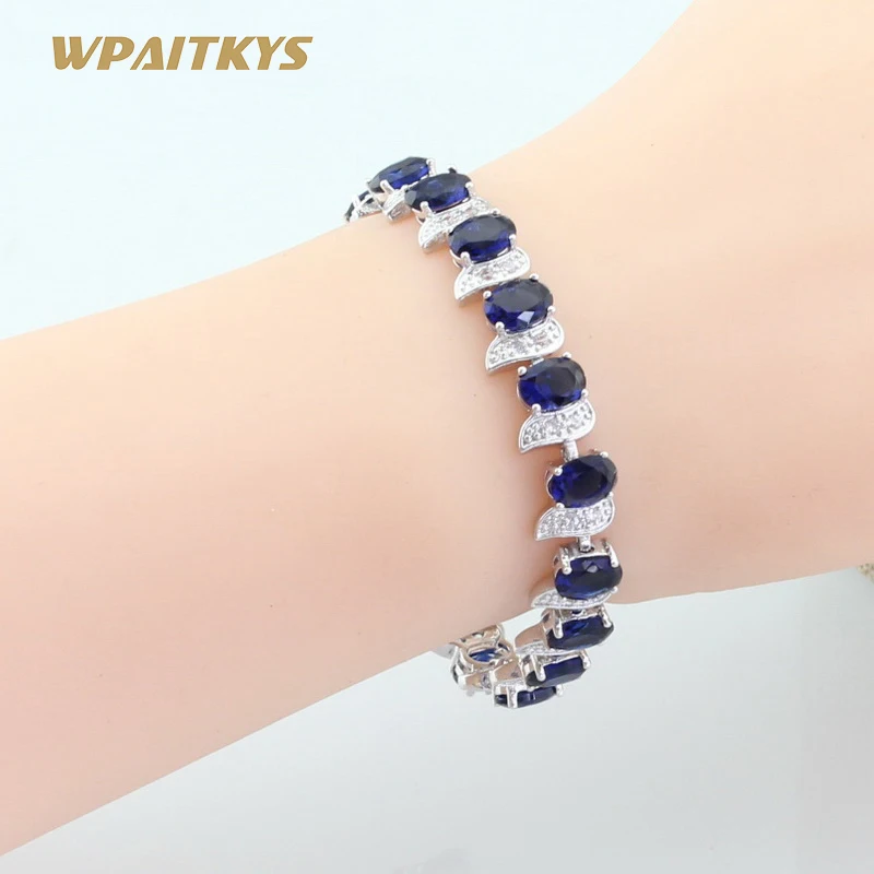 Классический синий кристалл белый CZ серебряные браслеты для женщин Серебряный цвет ювелирные изделия шкатулка WPAITKYS