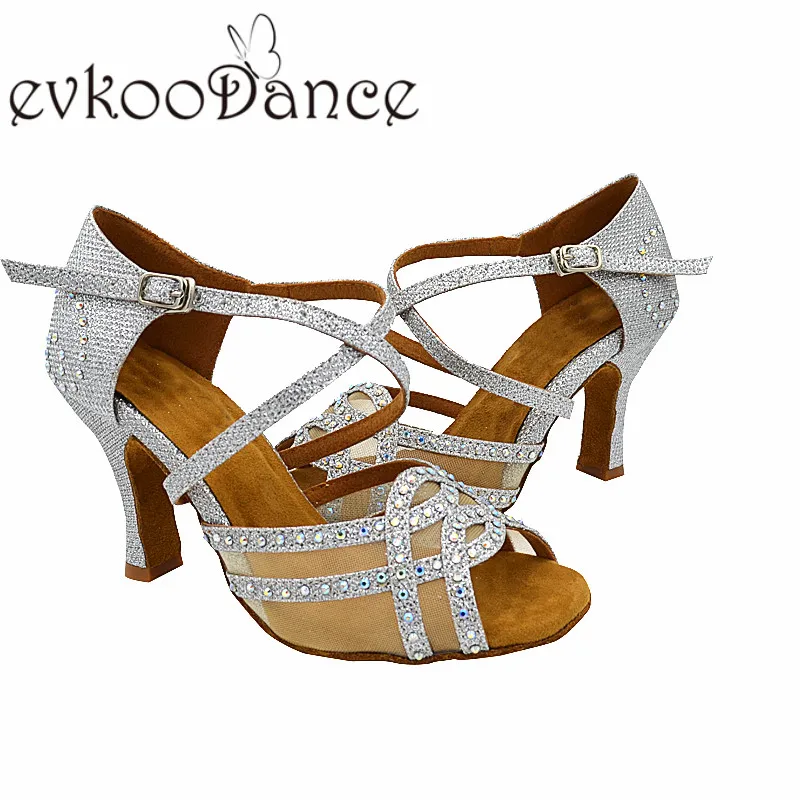 Evkoo танцевальные серебристые, черные, красные блестящие стразы, размеры US4-12, латинские бальные туфли на каблуке 8 см, женские туфли для латинских танцев со стразами NL179