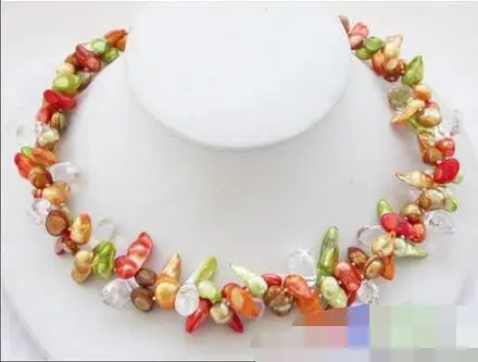

3647 2row RED /green /yellow biwa PEARL crystal NECKLACE