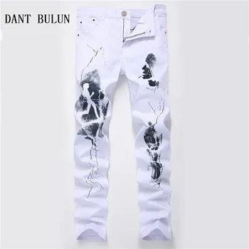 

2019 New Spring Summer Men Jeans Slim Skinny Print Personal Pants Men White Jean Biker Casual Denim Pants Plus 28-42