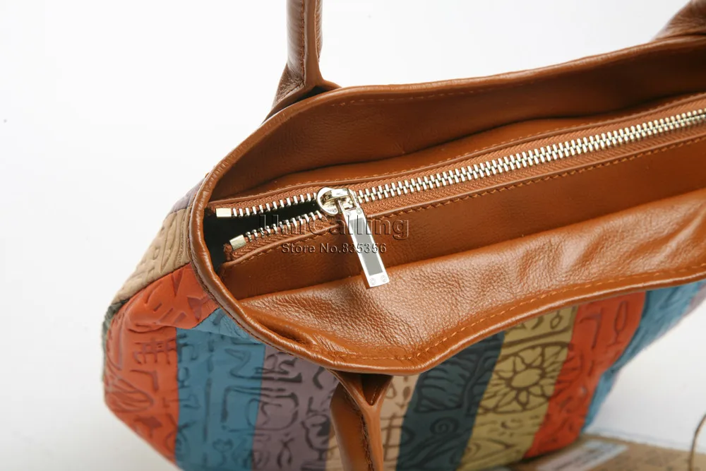 Модная женская сумка из натуральной кожи, разноцветная полосатая Лоскутная сумка с древним иероглифическим тиснением, кожаная сумка-тоут
