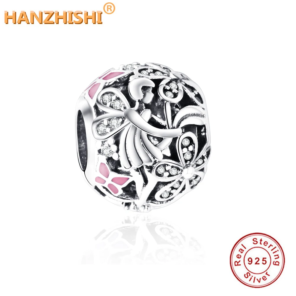 

2017 100% 925 Sterling Silver Beads Fit Pandora Charms Bracelet Dazzling Daisy Fairy Charms with Light Pink Enamel and Clear Cz