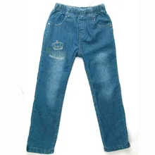 Обувь для мальчиков флис Джинсы для женщин теплые стекаются Denim Мотобрюки зимняя верхняя одежда дети Брюки для девочек Дети корона вышивать осень пух одежда mh9005