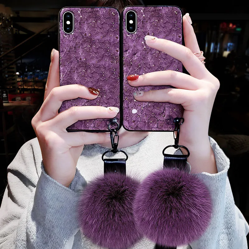 Purple Fox Fur Pendant Phone Case For iPhone XS Max XR 6 6S 7 8 Plus X Hot Cracked Marble Soft IMD Back Cover |