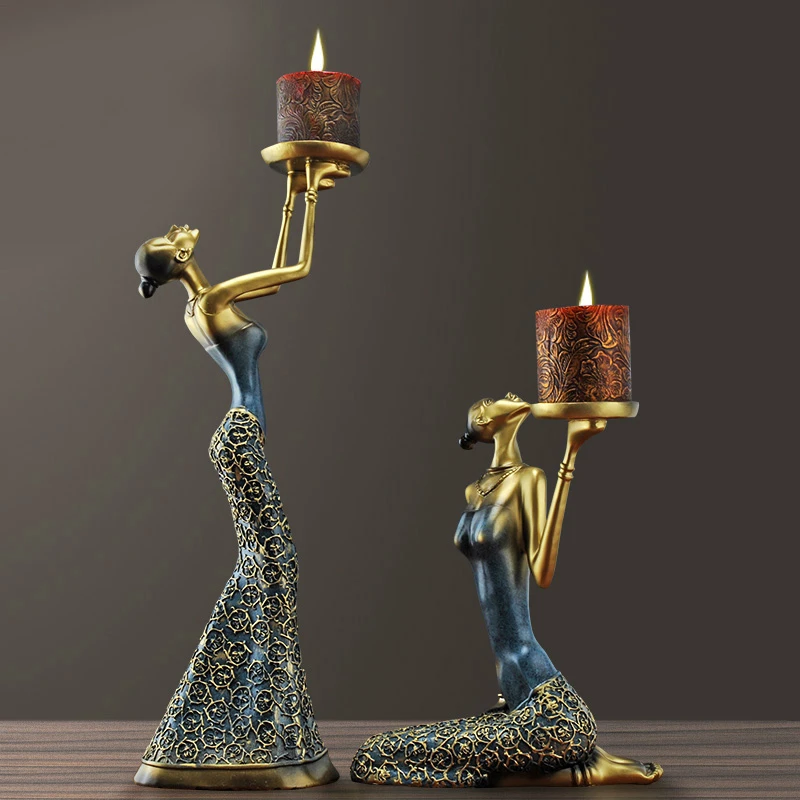 

Classical Lady Sculpture Candelabra Decorative Polyresin Vintage Candle Holder Dinning Table Art and Craft Ornament Accessories