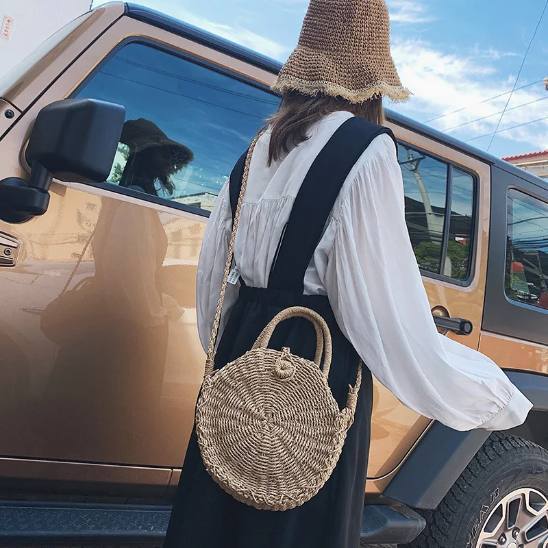 

Round Straw Bag Handmade Rattan Woven Vintage Retro Straw Rope Knitted Women's Crossbody Handbag Fresh Summer Beach Bag Bohemia