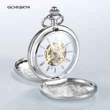 2016 Vintage Silver Smooth Analog Steampunk Mechanical Pocket Watch Roman Num Waist Chain 2 Side Open Men’s Pocket Watches P405