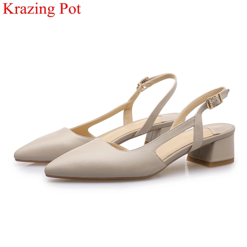 

2019 genuine leather buckle strap med heels women sandals shallow elegant wedding brand pointed toe office lady summer shoes L71